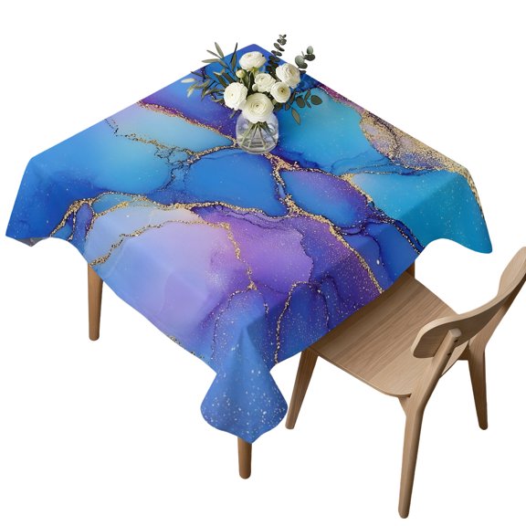 Square Tablecloth, Ombre Blue Purple Marble Texture Waterproof Table Cloth 54x54 in Abstract Golden Veins Washable Spillproof Table Cover for Kitchen Dining Party Decor Outdoor Camping