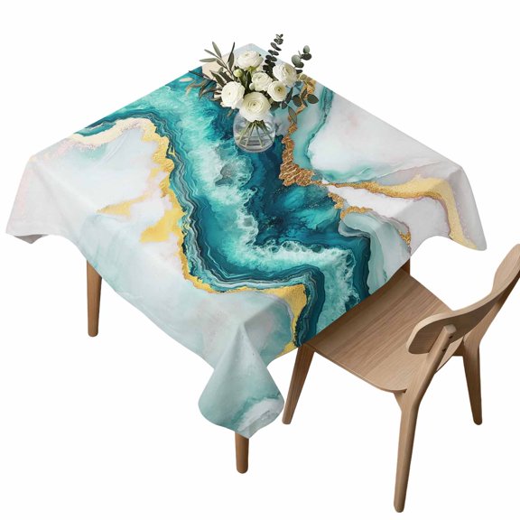 Square Tablecloth, Ombre Turquoise Marble Texture Waterproof Table Cloth 54x54 in Abstract Watercolor Wavy Washable Spillproof Table Cover for Kitchen Dining Party Decor Outdoor Camping