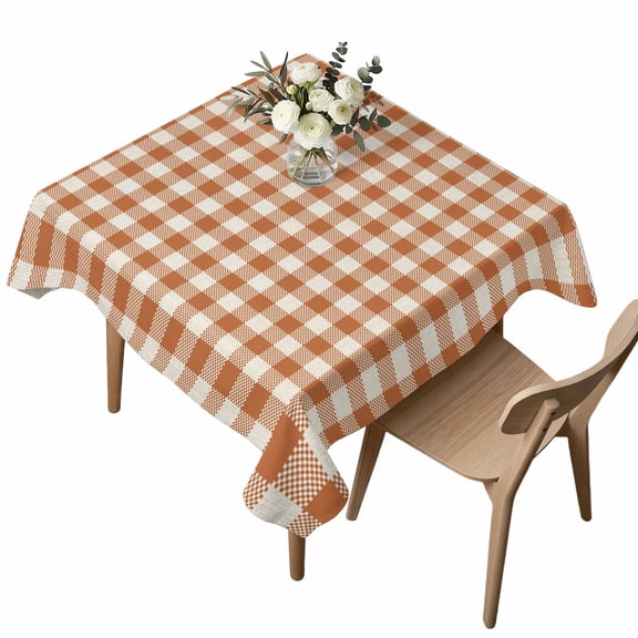 Square Tablecloth, Orange White Gingham Grid Waterproof Table Cloth 54x54 in Retro Farmhouse Plaid Washable Spillproof Table Cover for Kitchen Dining Party Decor Outdoor Camping