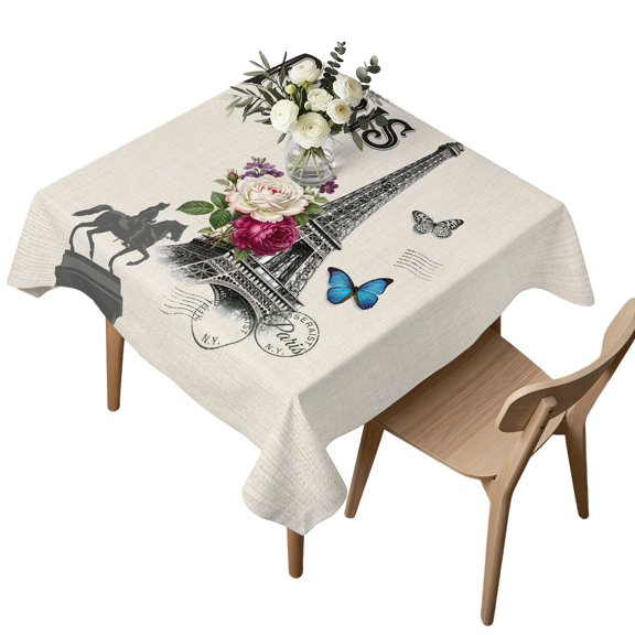 Square Tablecloth, Paris Iconic Architecture Tower on Linen Waterproof Table Cloth 60x60 in Flower Butterfly Stamp Washable Spillproof Table Cover for Kitchen Dining Party Decor Outdoor Camping