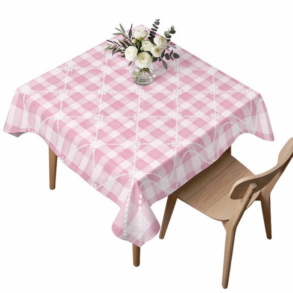 Square Tablecloth, Pink Plaid Flower White Lattice Waterproof Table Cloth 54x54 in Romantic Washable Spillproof Table Cover for Kitchen Dining Party Decor Outdoor Camping