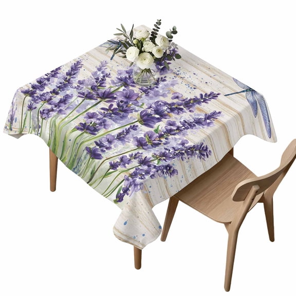 Square Tablecloth, Purple Lavender Dragonfly Waterproof Table Cloth 60x60 in Country Flower Art Vintage Wood Texture Washable Spillproof Table Cover for Kitchen Dining Party Decor Outdoor Camping