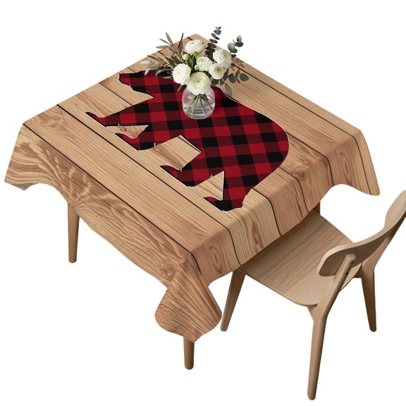Square Tablecloth, Red Black Buffalo Plaid Bear Waterproof Table Cloth 54x54 in Animal Silhouette Wood Grain Washable Spillproof Table Cover for Kitchen Dining Party Decor Outdoor Camping