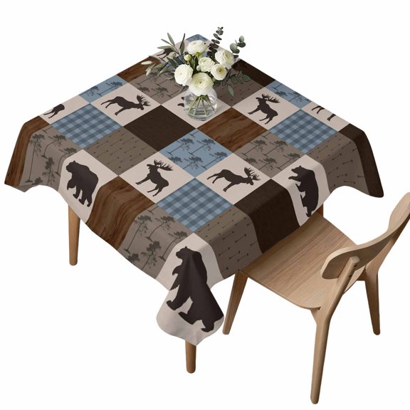 Square Tablecloth, Retro Deer Bear Plaid Check Waterproof Table Cloth 54x54 in Abstract Patchwork Pattern Washable Spillproof Table Cover for Kitchen Dining Party Decor Outdoor Camping