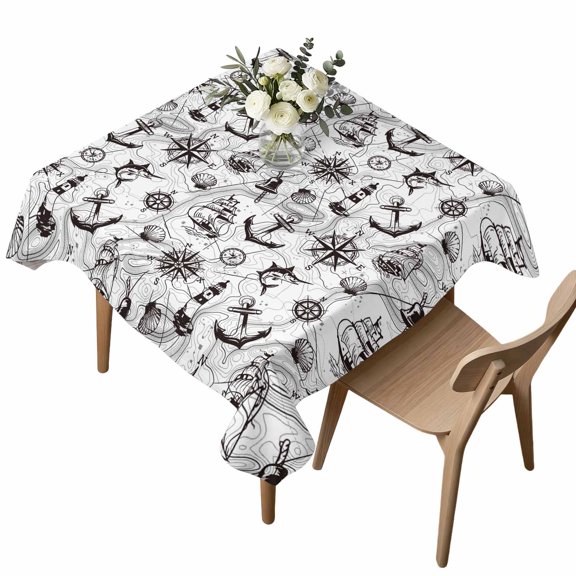 Square Tablecloth, Retro Nautical Anchor Lighthouse Waterproof Table Cloth 54x54 in Black White Compass Map Washable Spillproof Table Cover for Kitchen Dining Party Decor Outdoor Camping