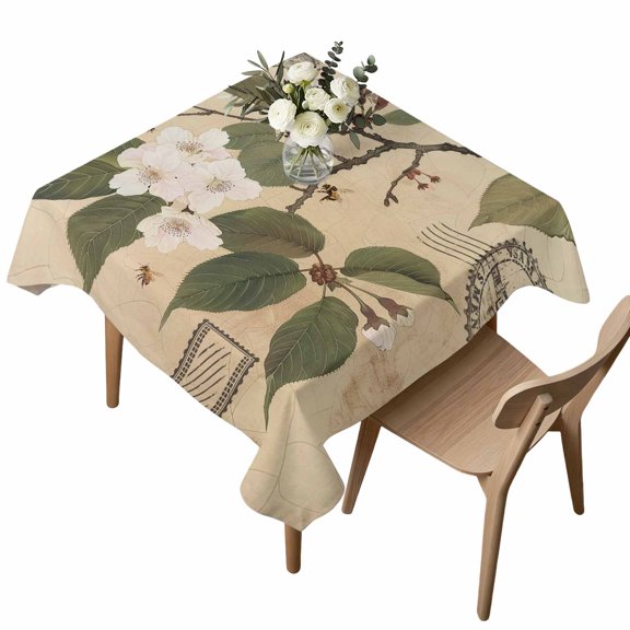 Square Tablecloth, Retro Pear Blossom Floral Leaves Waterproof Table Cloth 60x60 in Tree Branch on Postcard Washable Spillproof Table Cover for Kitchen Dining Party Decor Outdoor Camping