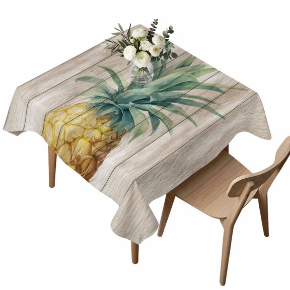 Square Tablecloth, Retro Pineapple On Wooden Boards Waterproof Table Cloth 54x54 in Summer Fruit Washable Spillproof Table Cover for Kitchen Dining Party Decor Outdoor Camping