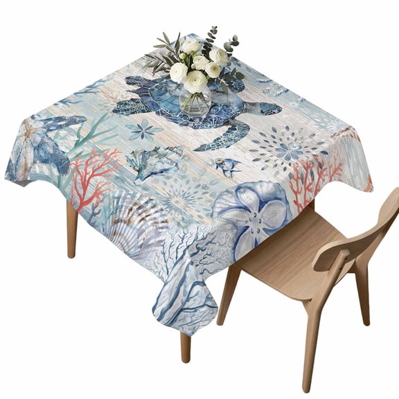 Square Tablecloth, Retro Sea Turtle Gradient Coral Waterproof Table Cloth 60x60 in Summer Ocean Shell Washable Spillproof Table Cover for Kitchen Dining Party Decor Outdoor Camping
