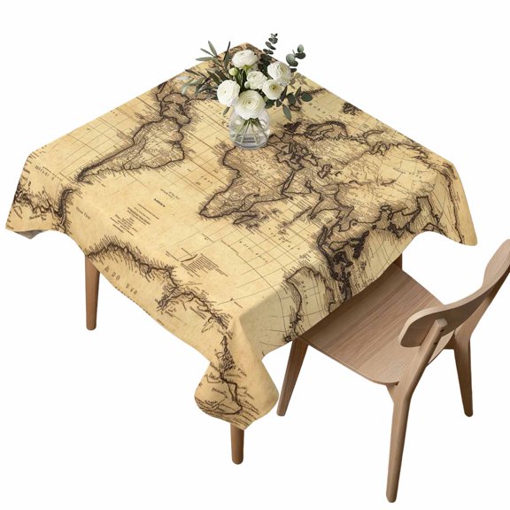 Square Tablecloth, Retro Yellow World Map North America Asia Waterproof Table Cloth 54x54 in Pacific Plate Washable Spillproof Table Cover for Kitchen Dining Party Decor Outdoor Camping
