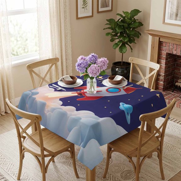 Square Tablecloth,Rocket Space Universe Planet Waterproof Oil-Proof Table Cloth Kitchen Dining Tables Cover for Indoor Outdoor Wedding Holiday Party Decor,Night Star Cartoon Style