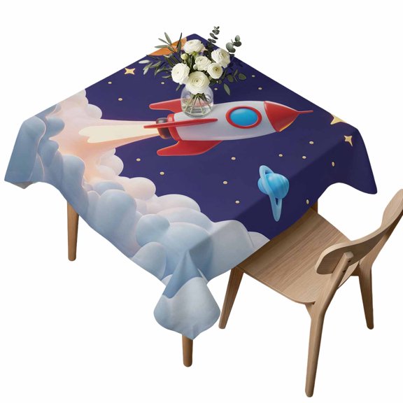 Square Tablecloth, Rocket Space Universe Planet Waterproof Table Cloth 54x54 in Night Star Cartoon Style Washable Spillproof Table Cover for Kitchen Dining Party Decor Outdoor Camping