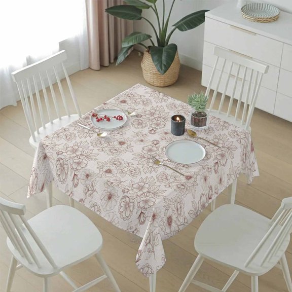 Square Tablecloth,Rustic Blossom Flower Dark Red Sketch Waterproof Oil-Proof Table Cloth Kitchen Dining Tables Cover for Indoor Outdoor Wedding Holiday Party Decor,Seamless Floral on Linen
