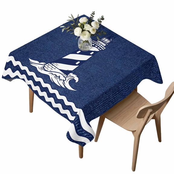 Square Tablecloth, Rustic Nautical Lighthouse Blue Waterproof Table Cloth 60x60 in Classic Denim Marine Theme Washable Spillproof Table Cover for Kitchen Dining Party Decor Outdoor Camping