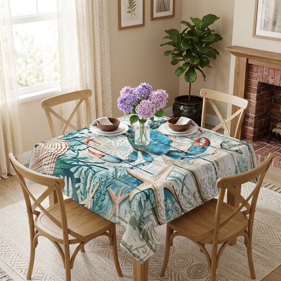 Square Tablecloth,Seaside Crab Starfish Shell Nautical Anchor Waterproof Oil-Proof Table Cloth Kitchen Dining Tables Cover for Indoor Outdoor Wedding Holiday Party Decor,Farm Vintage Wood Board