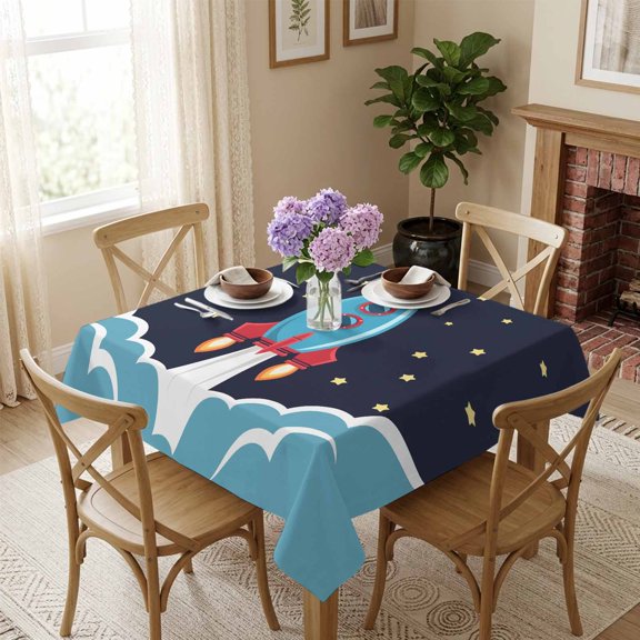 Square Tablecloth,Space Rocket Moon Star Waterproof Oil-Proof Table Cloth Kitchen Dining Tables Cover for Indoor Outdoor Wedding Holiday Party Decor,Cartoon Style