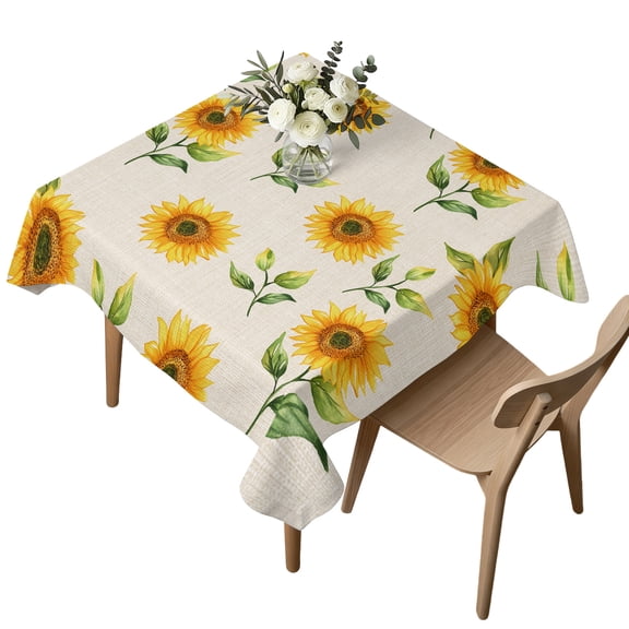 Square Tablecloth, Spring Watercolor Sunflower on Linen Waterproof Table Cloth 54x54 in Flower Green Leaves Washable Spillproof Table Cover for Kitchen Dining Party Decor Outdoor Camping