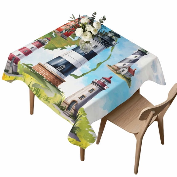 Square Tablecloth, Summer Coastal Nautical Lighthouse Waterproof Table Cloth 54x54 in Ocean Beach Theme Washable Spillproof Table Cover for Kitchen Dining Party Decor Outdoor Camping
