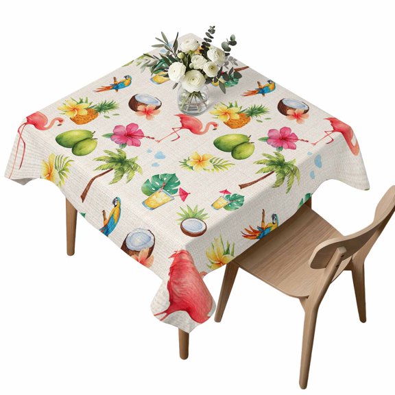 Square Tablecloth, Summer Coconut Pineapple Retro Linen Waterproof Table Cloth 60x60 in Tropical Flamingo Flower Washable Spillproof Table Cover for Kitchen Dining Party Decor Outdoor Camping