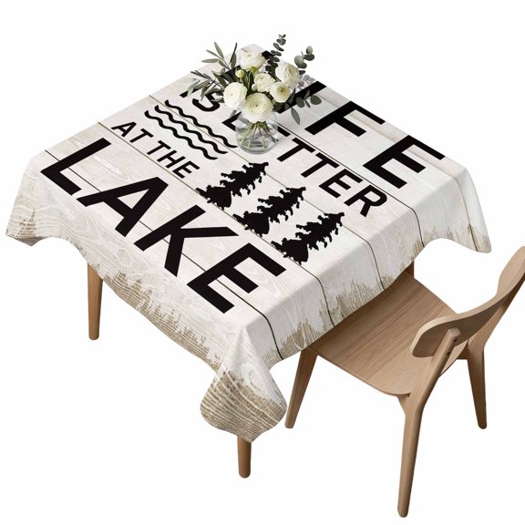 Square Tablecloth, Summer Quotes Lake and Forest Waterproof Table Cloth 54x54 in Farm Wooden Frain Washable Spillproof Table Cover for Kitchen Dining Party Decor Outdoor Camping