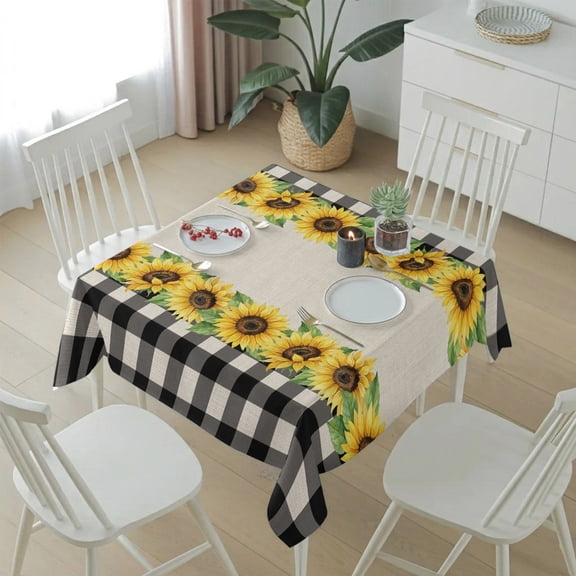 Square Tablecloth,Summer Sunflower Retro Linen Waterproof Oil-Proof Table Cloth Kitchen Dining Tables Cover for Indoor Outdoor Wedding Holiday Party Decor,Black Gingham Check