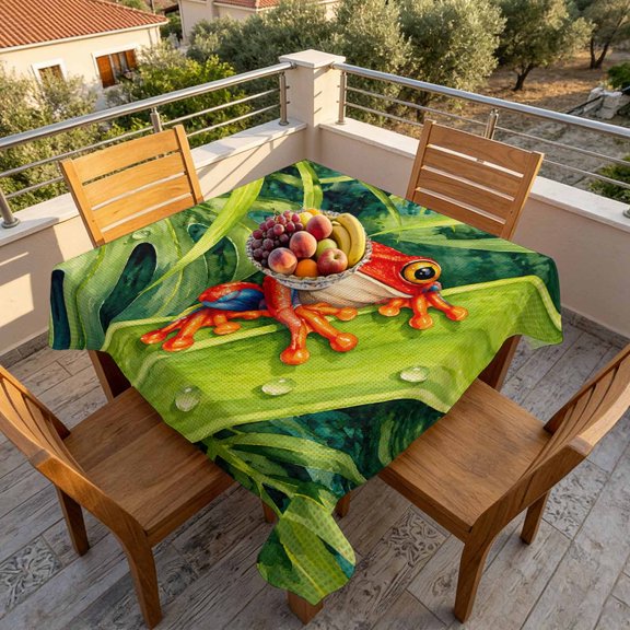 Square Tablecloth,Summer Wildlife Red Frog Pattern Waterproof Oil-Proof Table Cloth Kitchen Dining Tables Cover for Indoor Outdoor Wedding Holiday Party Decor,Tropical Palm Leaf