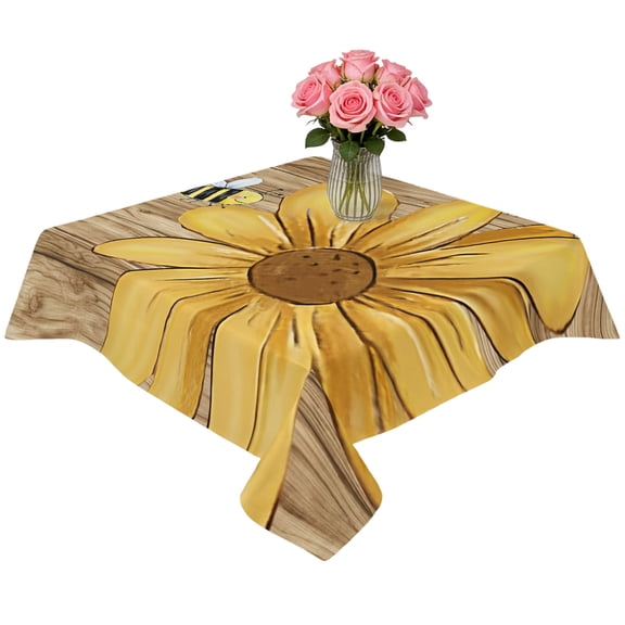 Square Tablecloth,Summer Yellow Bee Blossom Flower Waterproof Oil-Proof Table Cloth Kitchen Dining Tables Cover for Indoor Outdoor Wedding Holiday Party Decor,Retro Rustic Brown Wood Board
