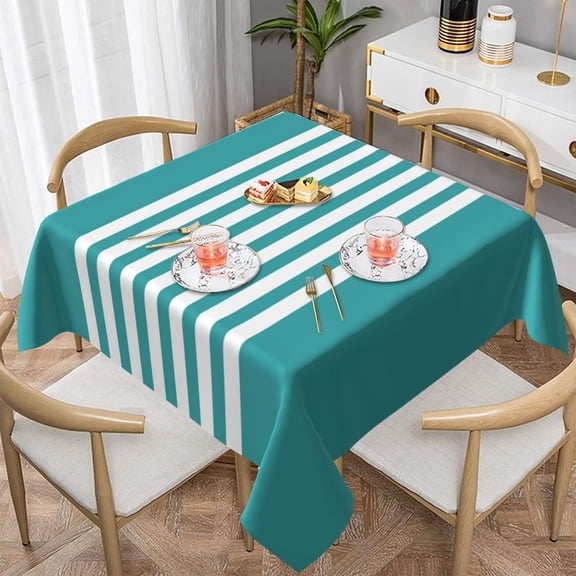 Square Tablecloth Teal and White Stripes on Teal Table Cover Washable Table Cloths for Kitchen Dinning Party Tabletop Modern Decoration 60 x 60inch