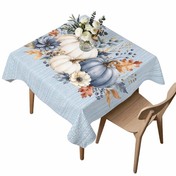 Square Tablecloth, Thanksgiving Fall Blue White Pumpkins Waterproof Table Cloth 54x54 in Eucalyptus Leaves Washable Spillproof Table Cover for Kitchen Dining Party Decor Outdoor Camping
