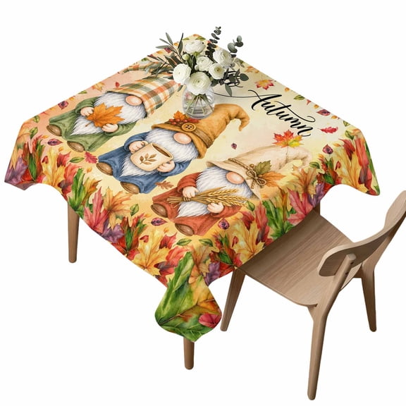 Square Tablecloth, Thanksgiving Pumpkin Gnome Waterproof Table Cloth 54x54 in Fall Farm Maple Leaves Washable Spillproof Table Cover for Kitchen Dining Party Decor Outdoor Camping