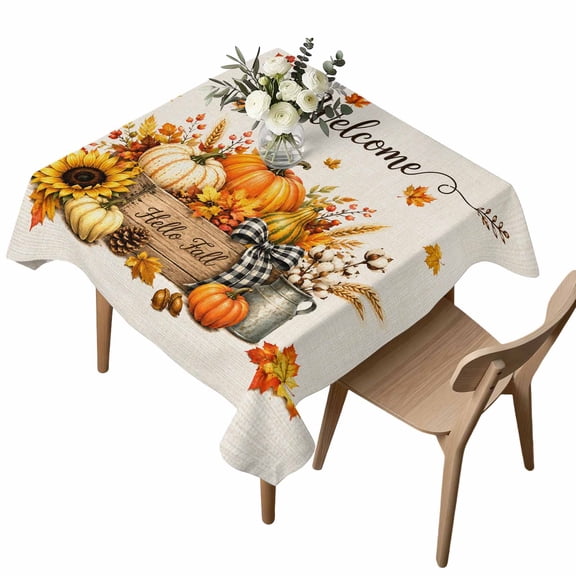 Square Tablecloth, Thanksgiving Pumpkin Maple Leaf Waterproof Table Cloth 60x60 in Fall Sunflower Retro Linen Washable Spillproof Table Cover for Kitchen Dining Party Decor Outdoor Camping