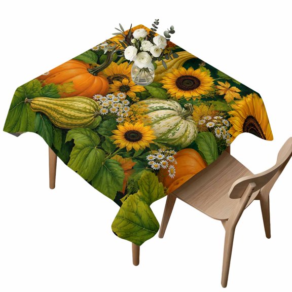 Square Tablecloth, Thanksgiving Pumpkin Sunflower Waterproof Table Cloth 54x54 in Fall Daisy Flower Leaf Washable Spillproof Table Cover for Kitchen Dining Party Decor Outdoor Camping