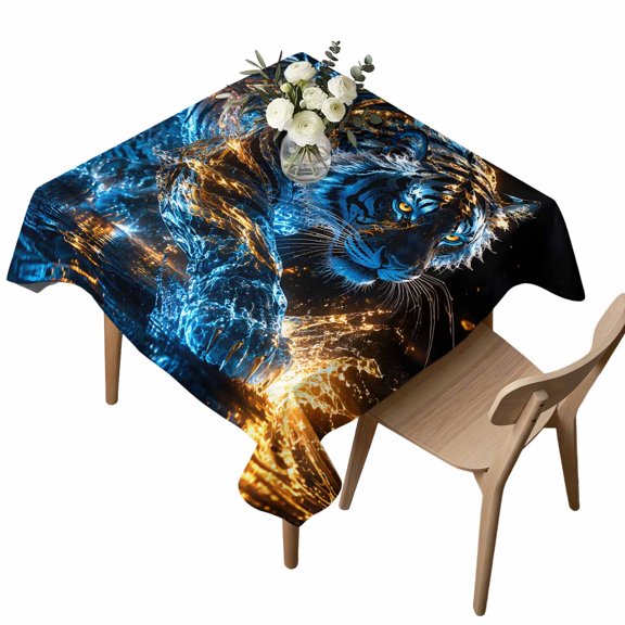 Square Tablecloth, Tiger Wildlife Animal Waterproof Table Cloth 60x60 in Glowing Blue Gold Washable Spillproof Table Cover for Kitchen Dining Party Decor Outdoor Camping