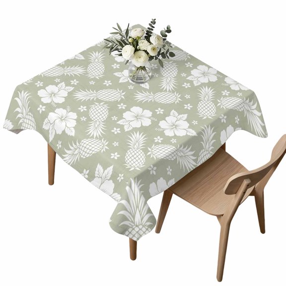 Square Tablecloth, Tropical Flower Pineapple Waterproof Table Cloth 54x54 in Summer Fruit Floral on Sage Green Washable Spillproof Table Cover for Kitchen Dining Party Decor Outdoor Camping