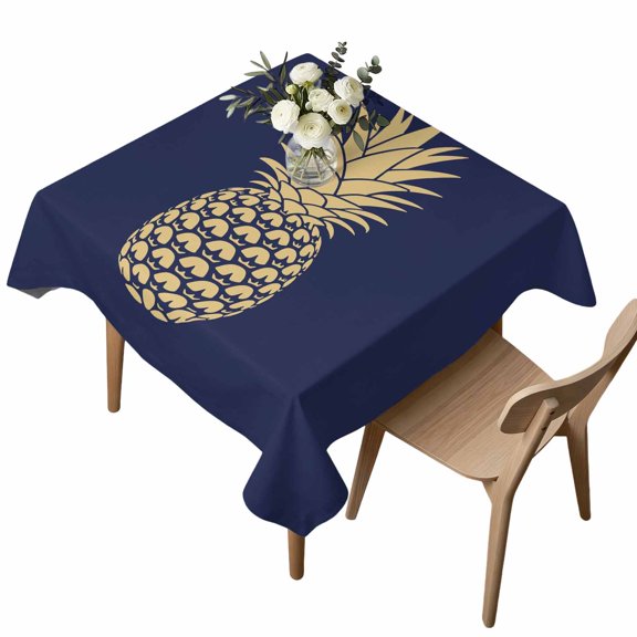 Square Tablecloth, Tropical Fruit Pineapple Waterproof Table Cloth 54x54 in Abstract Yellow Pattern on Navy Blue Washable Spillproof Table Cover for Kitchen Dining Party Decor Outdoor Camping
