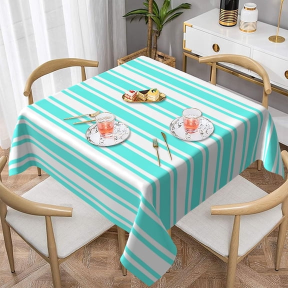 Square Tablecloth Turquoise and White Candy Stripes Table Cover Washable Table Cloths for Kitchen Dinning Party Tabletop Modern Decoration 60 x 60inch
