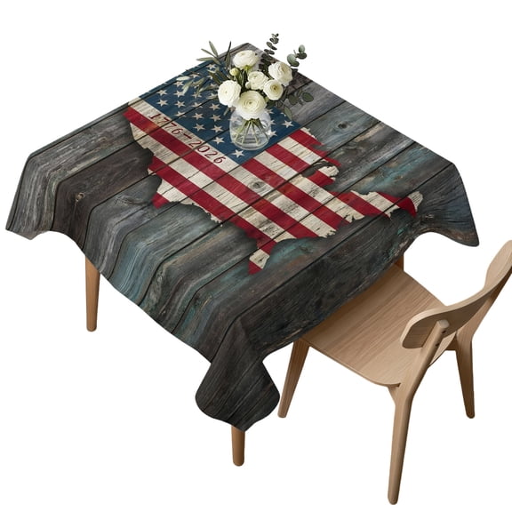 Square Tablecloth, Vintage American Flag Map Waterproof Table Cloth 54x54 in 4th of July Retro Wood Board Washable Spillproof Table Cover for Kitchen Dining Party Decor Outdoor Camping