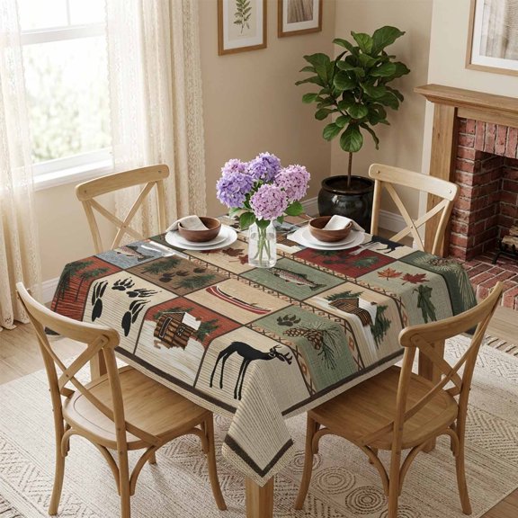 Square Tablecloth,Vintage Bear Forest Deer Fish Village Waterproof Oil-Proof Table Cloth Kitchen Dining Tables Cover for Indoor Outdoor Wedding Holiday Party Decor,Retro Wildlife Themes