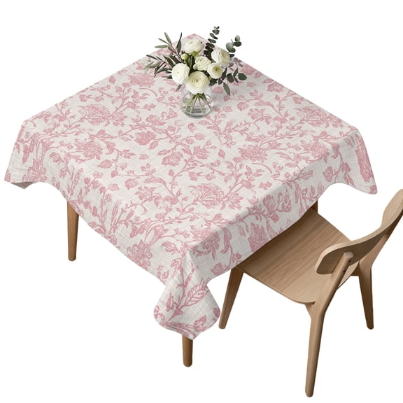 Square Tablecloth, Vintage Farmhouse Pink Flower on Linen Waterproof Table Cloth 60x60 in Spring Botanical Washable Spillproof Table Cover for Kitchen Dining Party Decor Outdoor Camping
