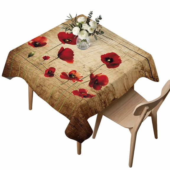 Square Tablecloth, Watercolor Dark Red Poppy Flower Waterproof Table Cloth 54x54 in Floral on Retro Brown Washable Spillproof Table Cover for Kitchen Dining Party Decor Outdoor Camping