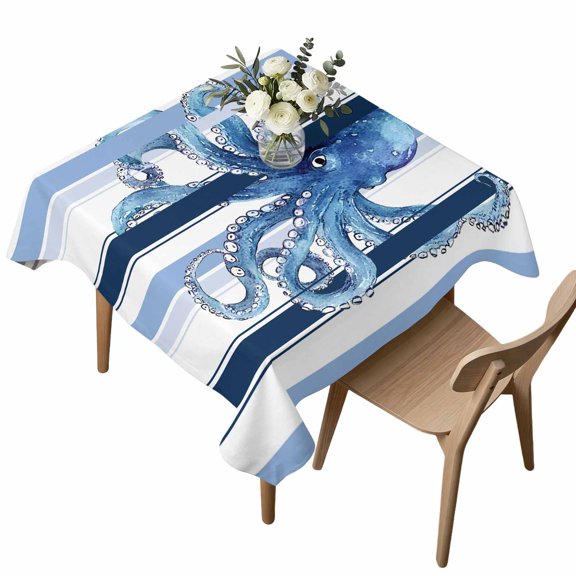 Square Tablecloth, Watercolor Marine Octopus Monster Waterproof Table Cloth 54x54 in Blue Ombre Vertical Stripe Washable Spillproof Table Cover for Kitchen Dining Party Decor Outdoor Camping