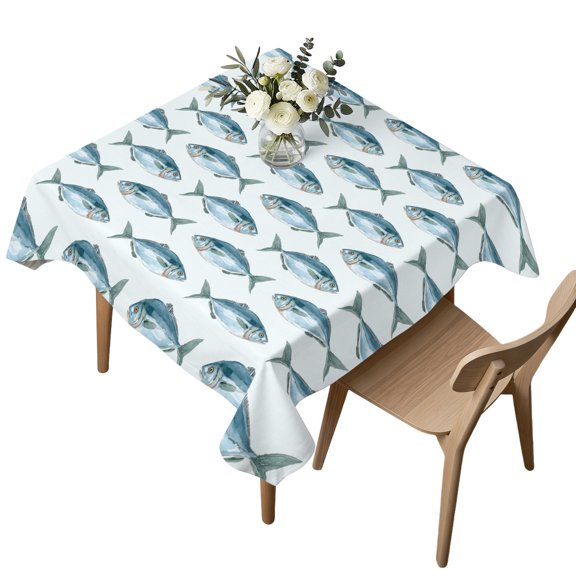Square Tablecloth, Watercolor Ocean Blue Fish Waterproof Table Cloth 54x54 in Coastal Fishes Seamless Washable Spillproof Table Cover for Kitchen Dining Party Decor Outdoor Camping