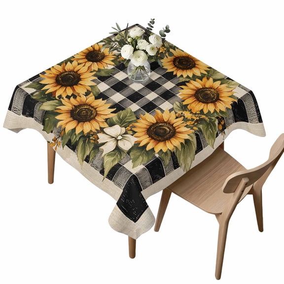 Square Tablecloth, Watercolor Sunflower Leaves on Linen Waterproof Table Cloth 60x60 in Plaid Retro Floral Washable Spillproof Table Cover for Kitchen Dining Party Decor Outdoor Camping