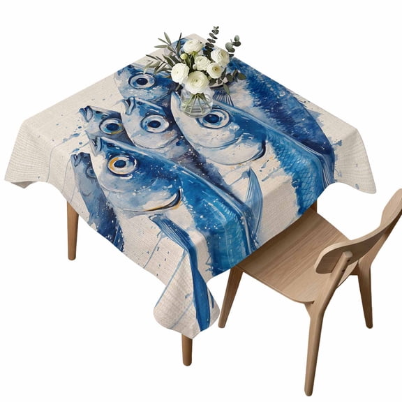 Square Tablecloth, Watercolor Underwater Fish on Vintage Linen Waterproof Table Cloth 54x54 in Coastal Ocean Life Washable Spillproof Table Cover for Kitchen Dining Party Decor Outdoor Camping