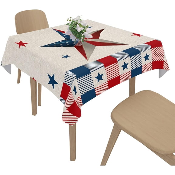 Square Tablecloth Waterproof Spillproof Table Cloths,Independence Day American Flag Star Wipeable Table Cover for Kitchen Dining Camping Indoor Outdoor Tables 54" x 54",Red and Blue Checker on Linen