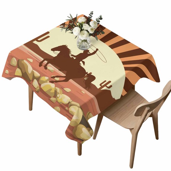 Square Tablecloth, Western Cowboy American Wild West Waterproof Table Cloth 54x54 in Cowboys Riding Horse in Desert Washable Spillproof Table Cover for Kitchen Dining Party Decor Outdoor Camping
