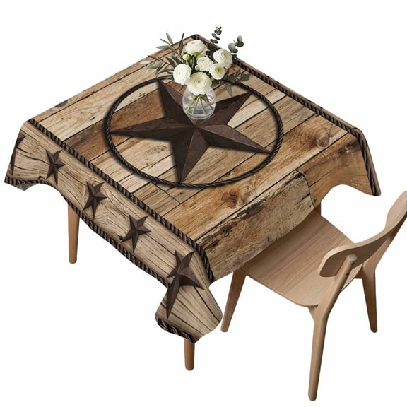 Square Tablecloth, Western Star Retro Wooden Board Waterproof Table Cloth 60x60 in Farmhouse Brown Plank Washable Spillproof Table Cover for Kitchen Dining Party Decor Outdoor Camping