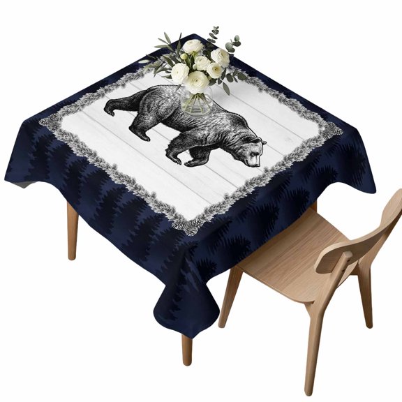 Square Tablecloth, Wild Bear Pine Needle Wood Grain Waterproof Table Cloth 54x54 in Blue Forest Textures Washable Spillproof Table Cover for Kitchen Dining Party Decor Outdoor Camping