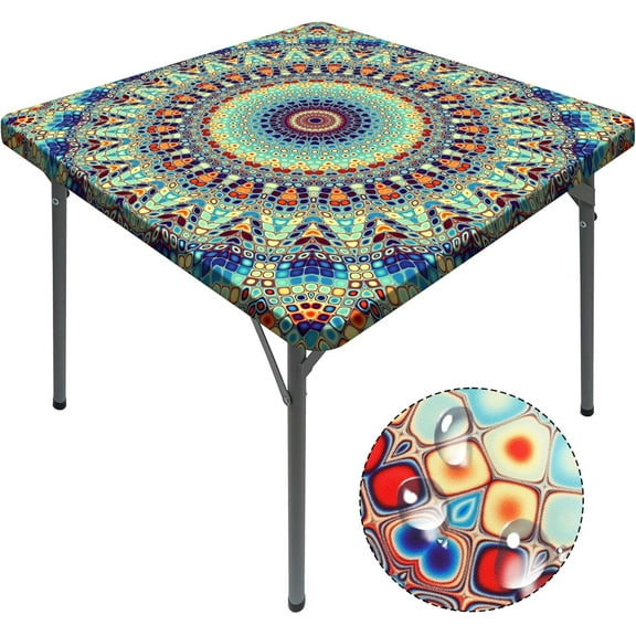 Square Tablecloth with Elastic Waterproof Outdoor Card Table Cover Fitted Table Cloth Fit 36x36 Inch Kitchen Patio Dinning (Teal, M (36"x36"))