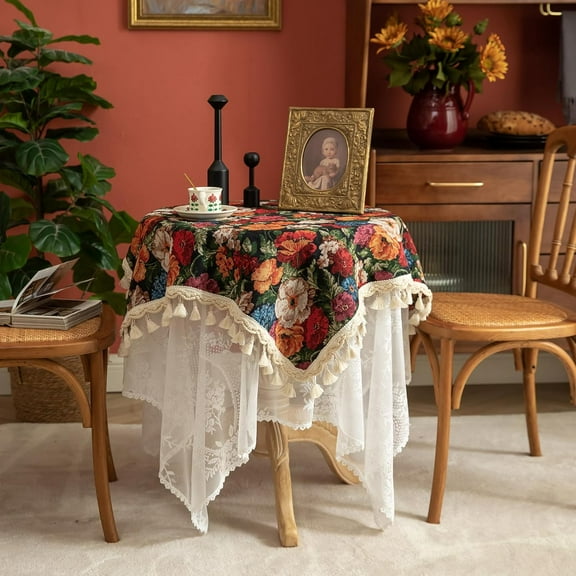 Square Tablecloth with Tassels Spring Floral Pattern Bedside Table Cloth Washable Nightstand End Table Cover for Room Tabletop Decoration