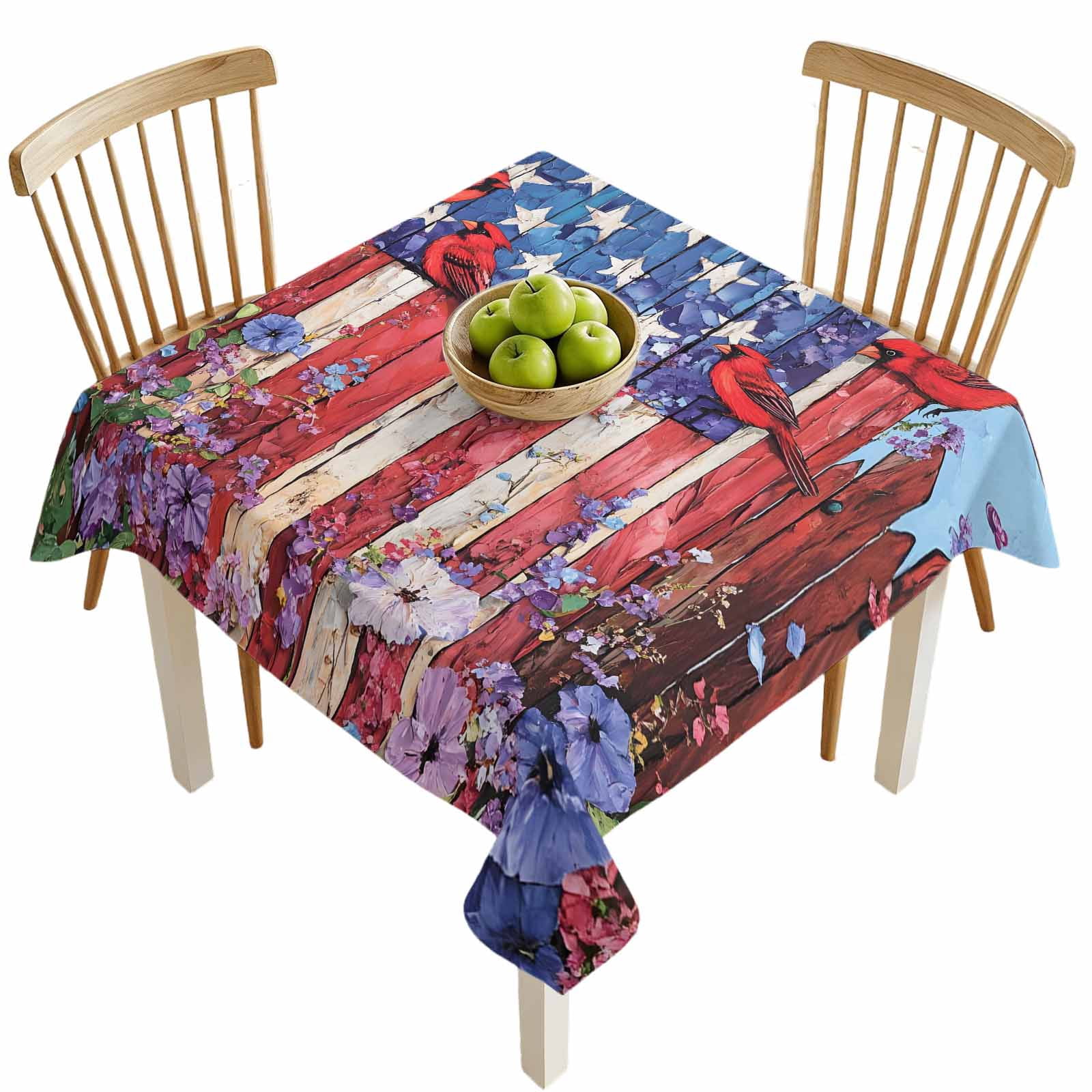 Square Tablecloths, 4th of July Retro USA Flag Bird Waterproof Table Cloths, Red Blue White Wood Floral Spillproof Decorative Dining Table Covers for Kitchen,Indoor Outdoor Parties, Camping 54x54in
